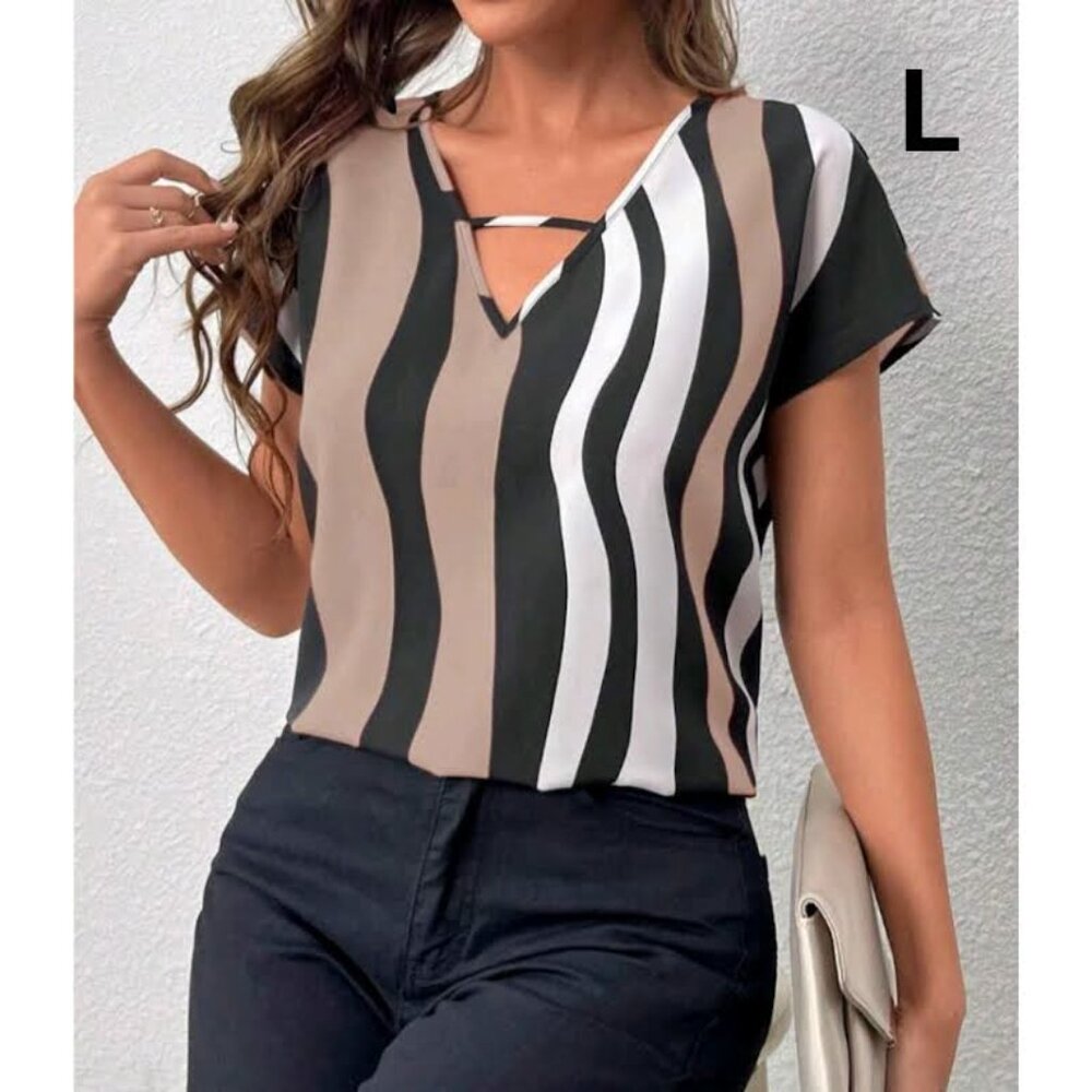 Wave Stripe V-Neck Blouse - Black, Tan, White
